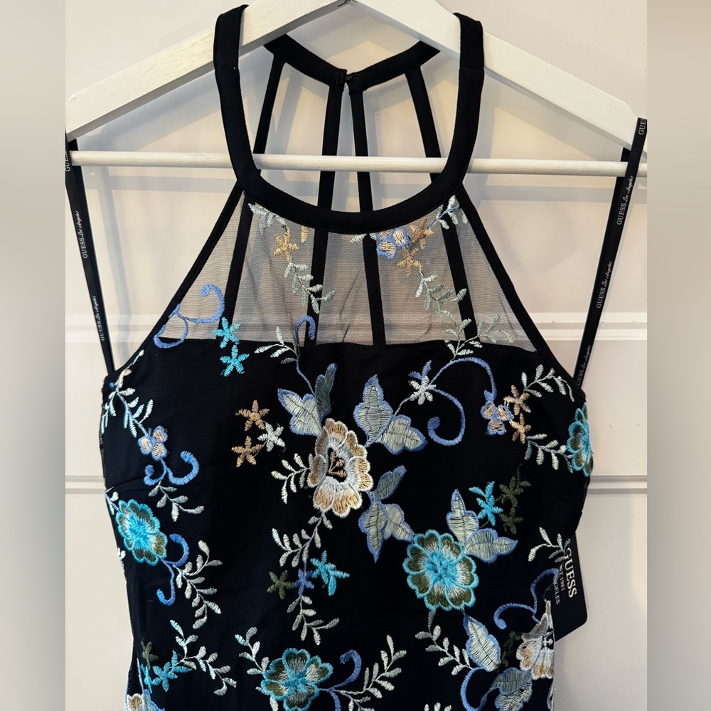 NWT Guess Black Mini Dress with Blue and White Embroidered Floral Design Size 0 - Picture 4 of 6